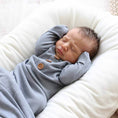 Load image into Gallery viewer, Dusty Denim Bamboo Waffle Newborn Baby Knot Gown & Hat Set
