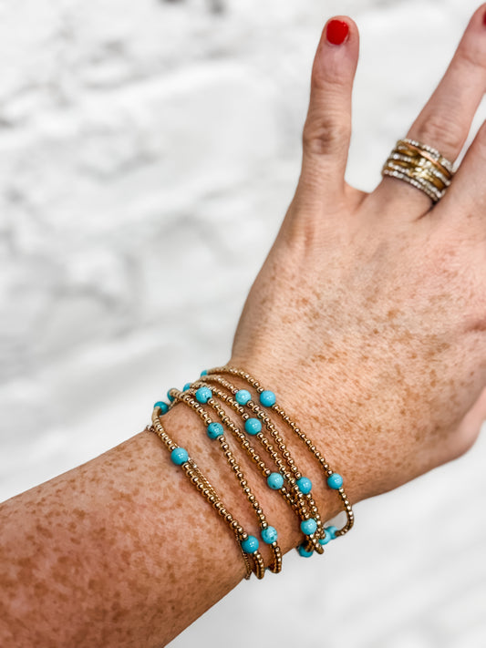 Gold + Turquoise 6 Beaded Bracelet Stack