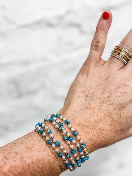 Pearl + Turquoise 5 Bracelet Stack