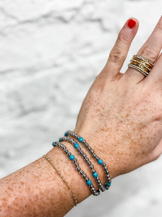 Silver + Turquoise Triple Beaded Bracelet Stack