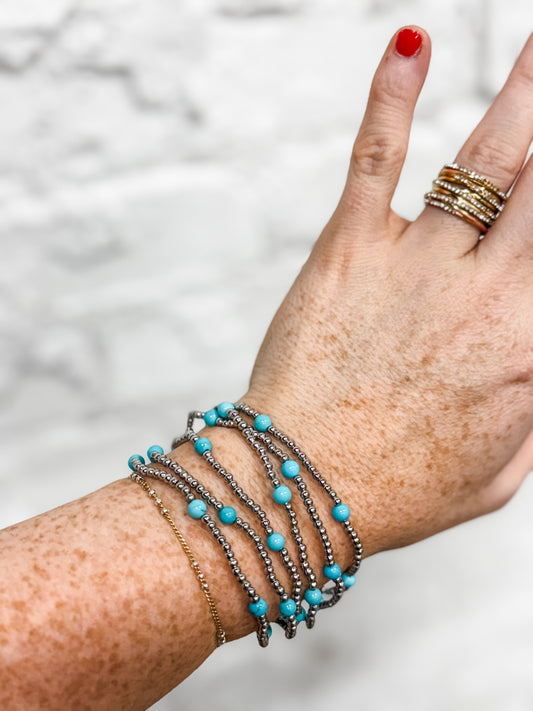 Silver + Turquoise 6 Beaded Bracelet Stack