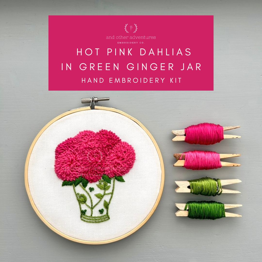 Hand Embroidery Kit - Hot Pink Dahlias in Green Ginger Jar