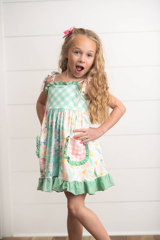 Mint Gingham Ruffle Pocket Spring Dress
