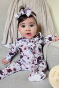 Load image into Gallery viewer, Demi's Dusty Purple Floral Ruffle Zipper Footie
