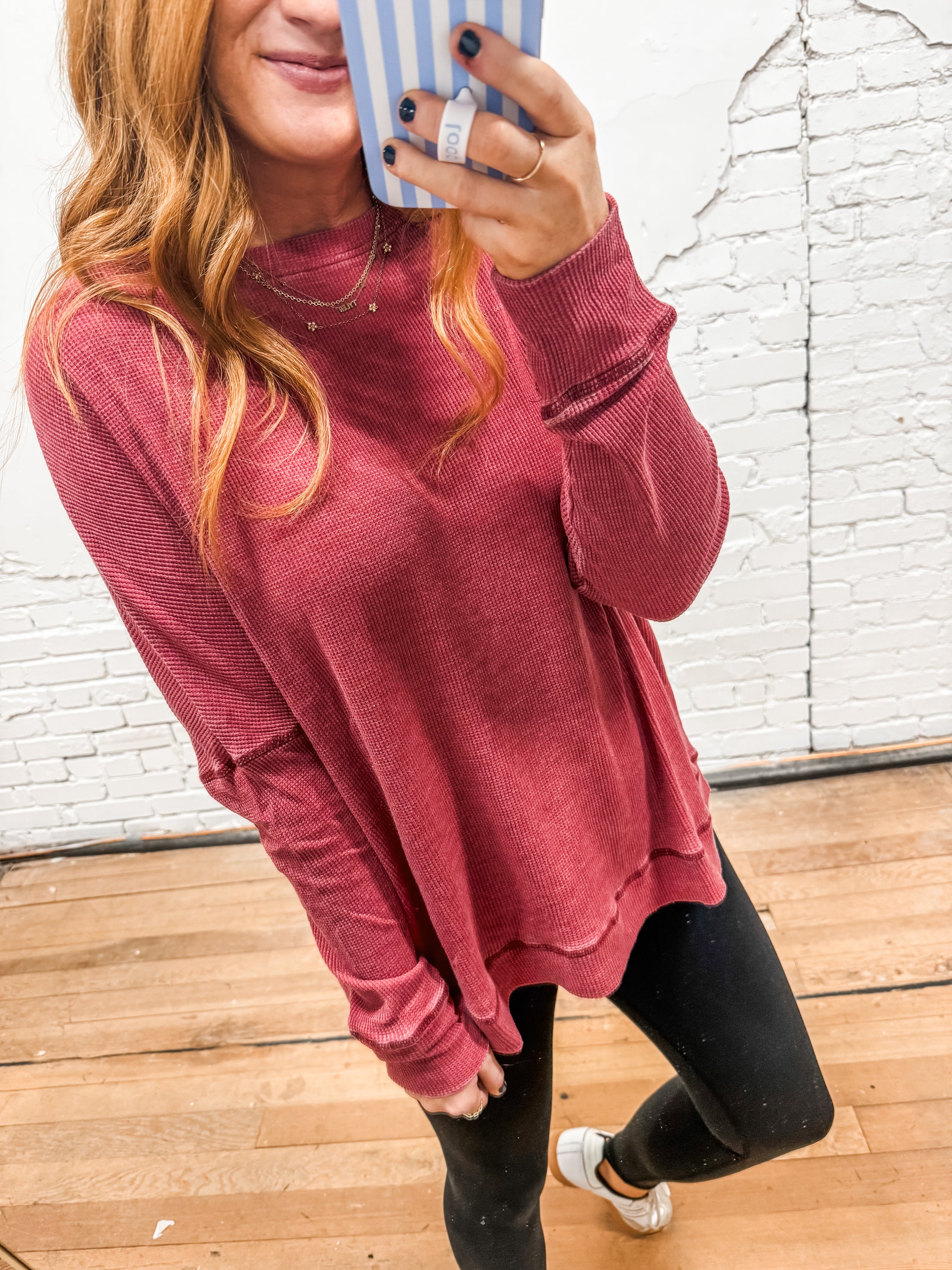 Carrie Waffle Pullover - Garnet Red