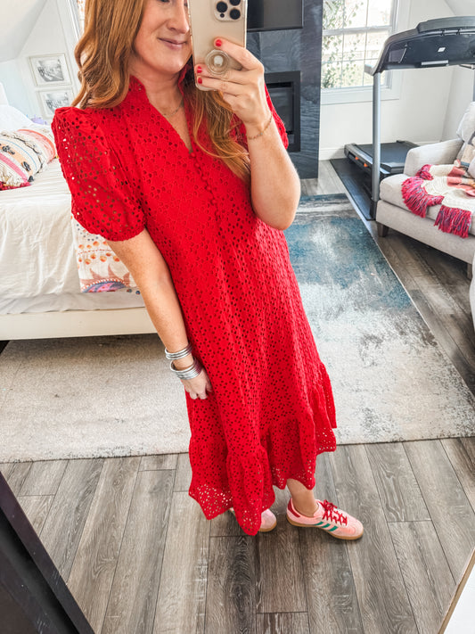 Rosie Eyelet Dress - Red