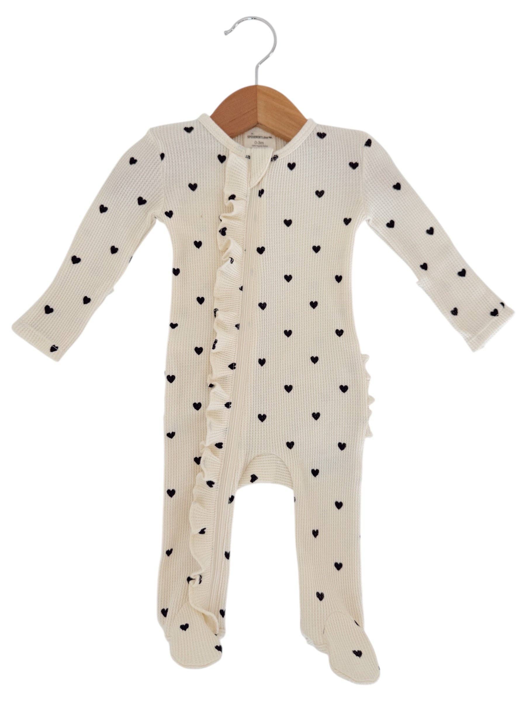 Black Heart Organic Waffle 2-Way Zip Ruffle Footie