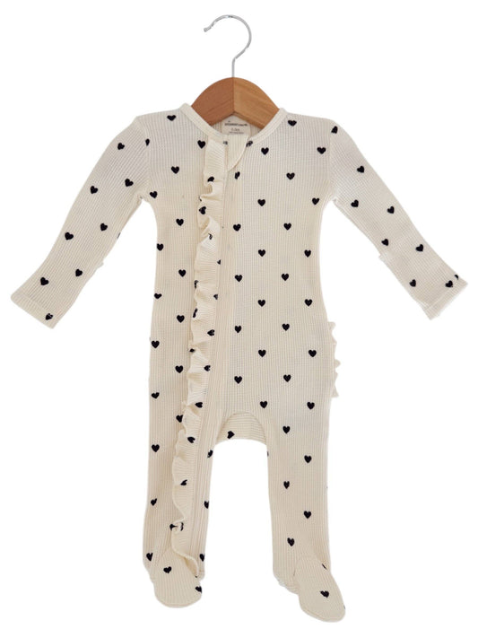 Black Heart Organic Waffle 2-Way Zip Ruffle Footie