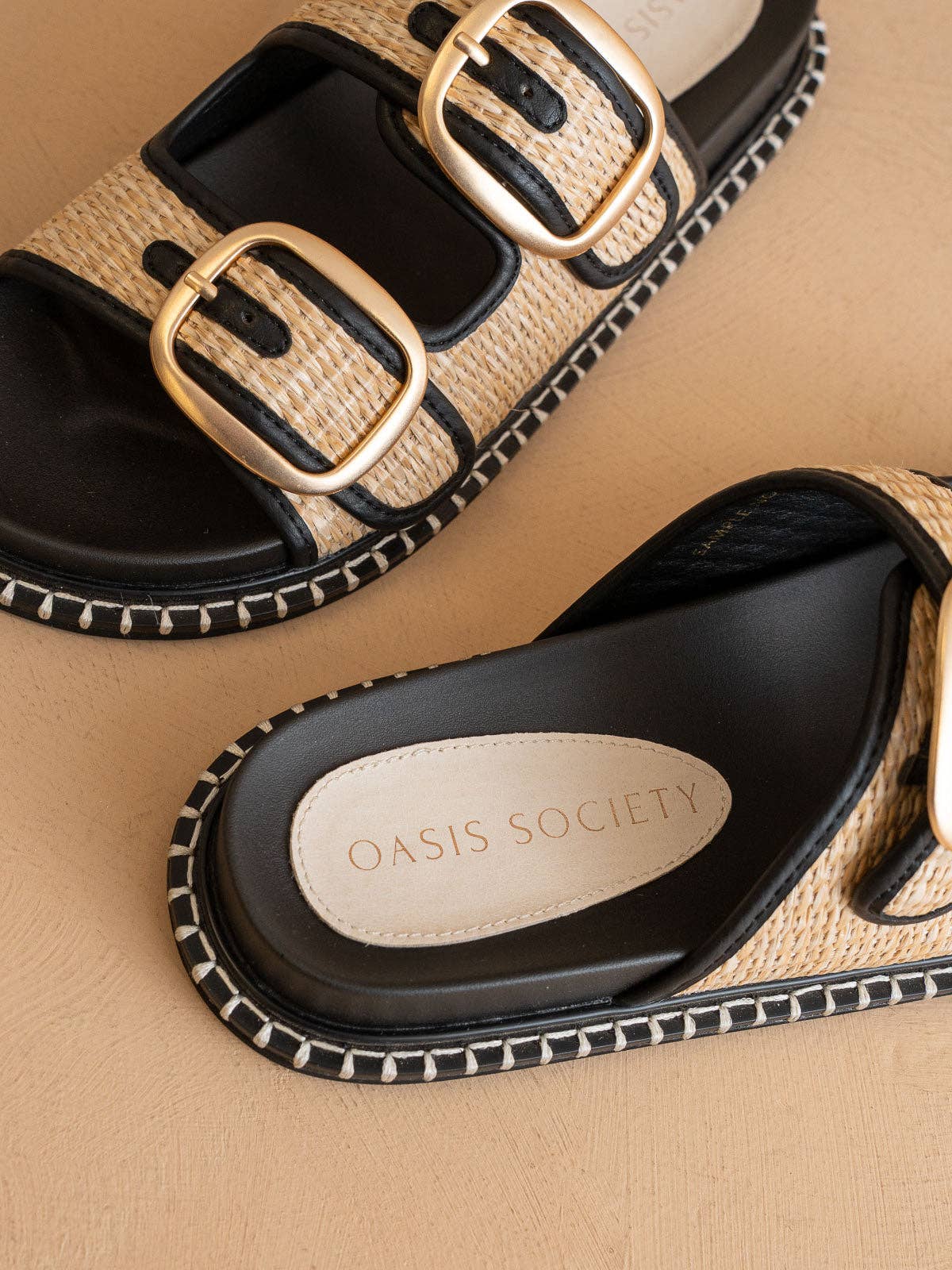 The Daytona | Black Two-Tone Raffia Gold Buckle Sandal