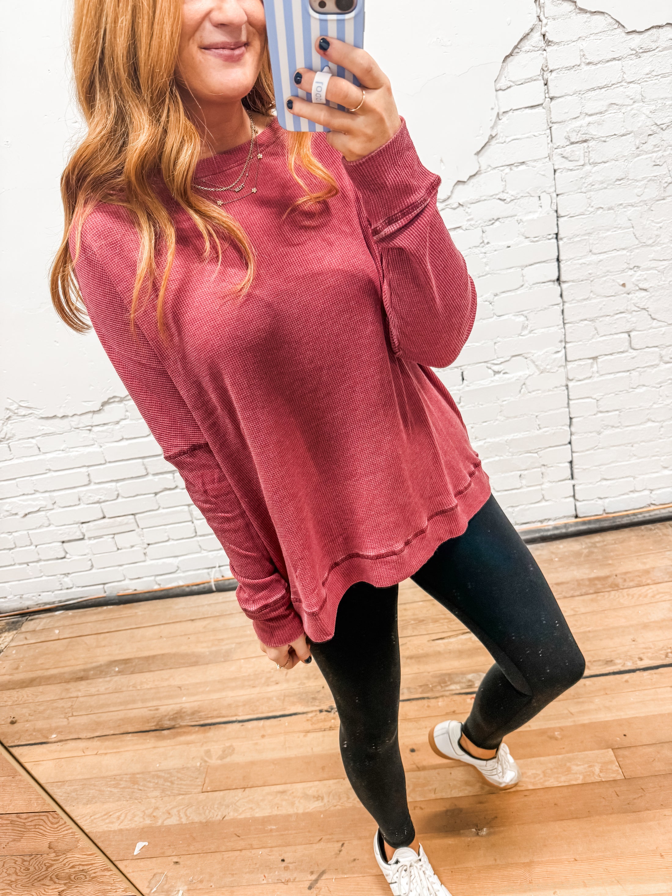 Carrie Waffle Pullover - Garnet Red