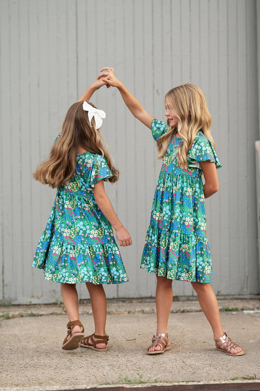 Emmy Green Floral Flutter Sleeve Twirl Dress