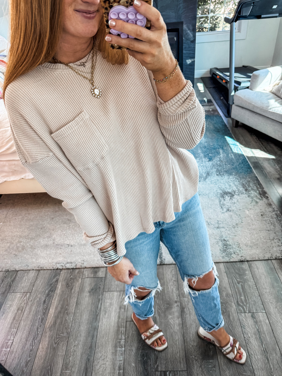 Hadley Waffle Knit Top - Light Taupe