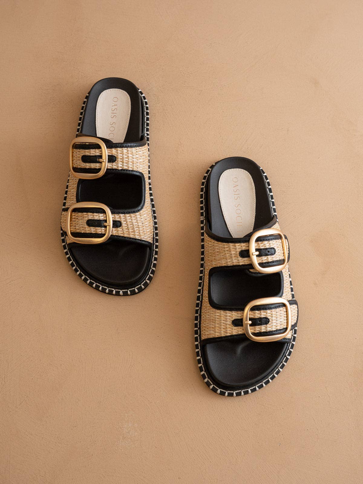 The Daytona | Black Two-Tone Raffia Gold Buckle Sandal