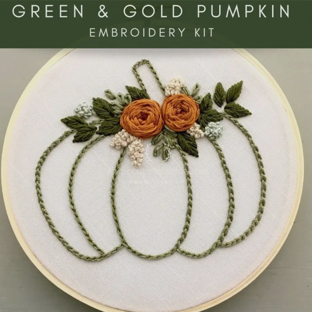 Beginner Embroidery Kit - Green & Gold Floral Pumpkin