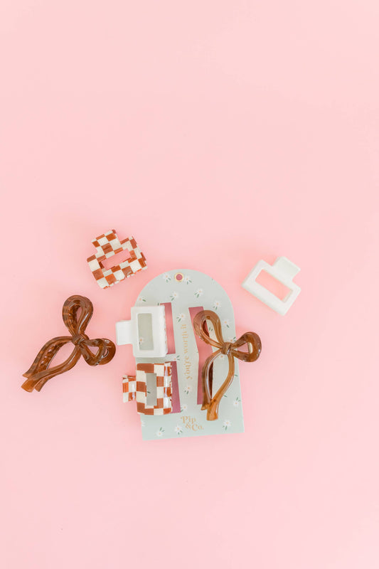 Mocha Bow and Checkered Claw Hair Clip Set