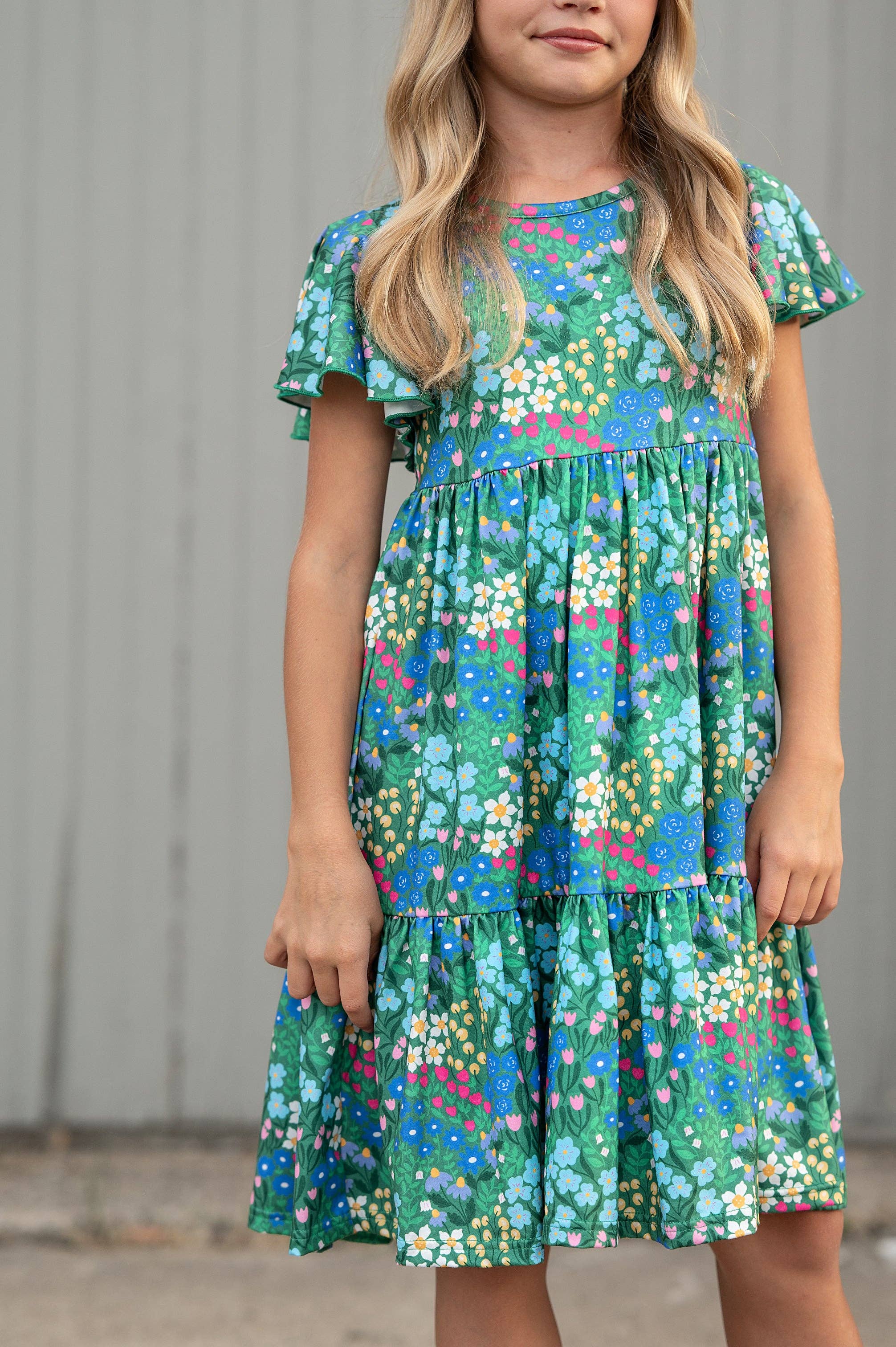 Emmy Green Floral Flutter Sleeve Twirl Dress