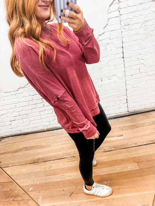 Carrie Waffle Pullover - Garnet Red