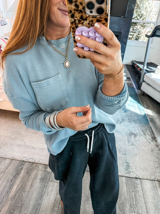 Hadley Waffle Knit Top- Dusty Blue