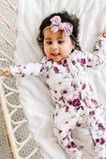 Load image into Gallery viewer, Demi's Dusty Purple Floral Ruffle Zipper Footie
