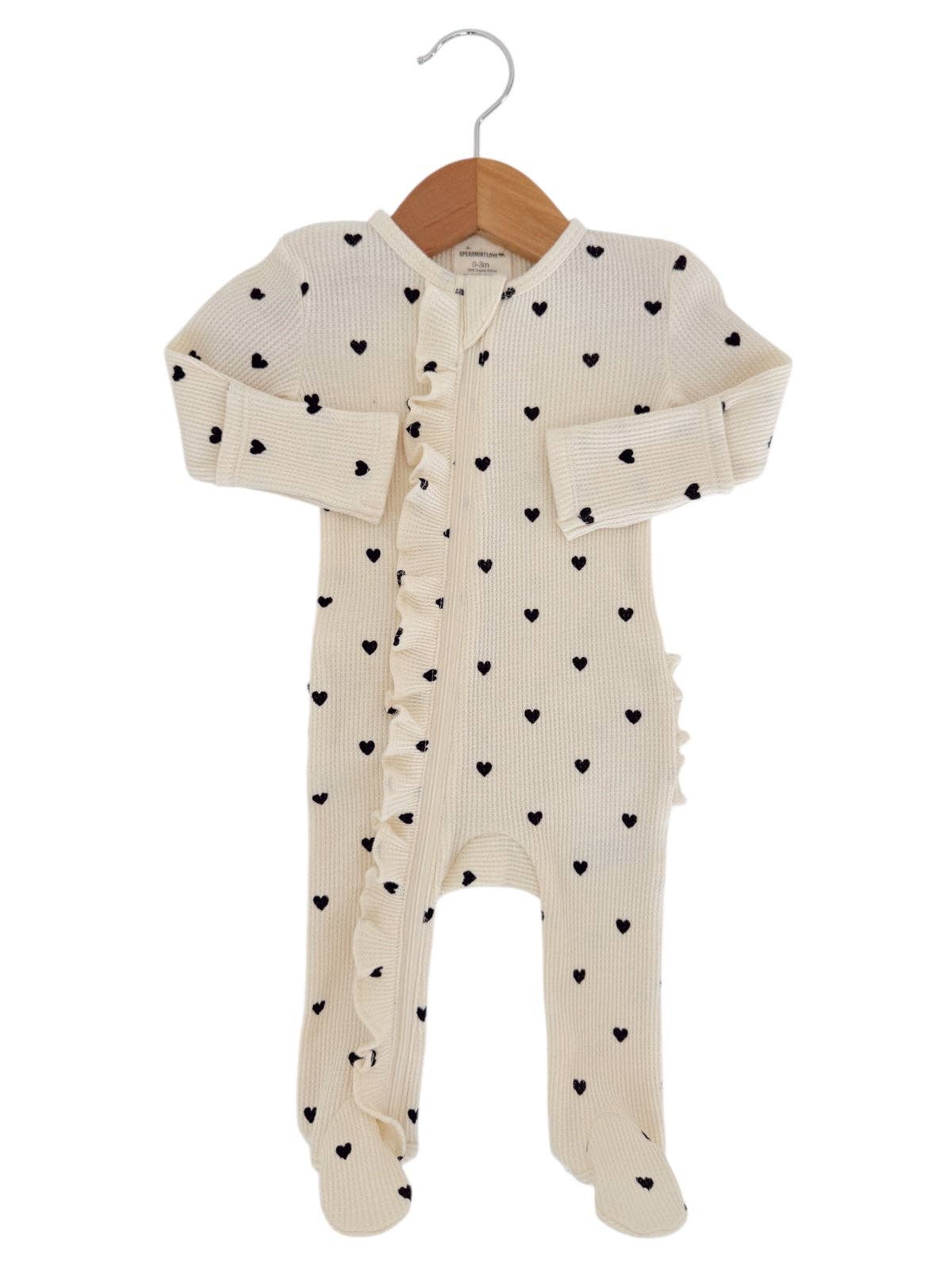 Black Heart Organic Waffle 2-Way Zip Ruffle Footie