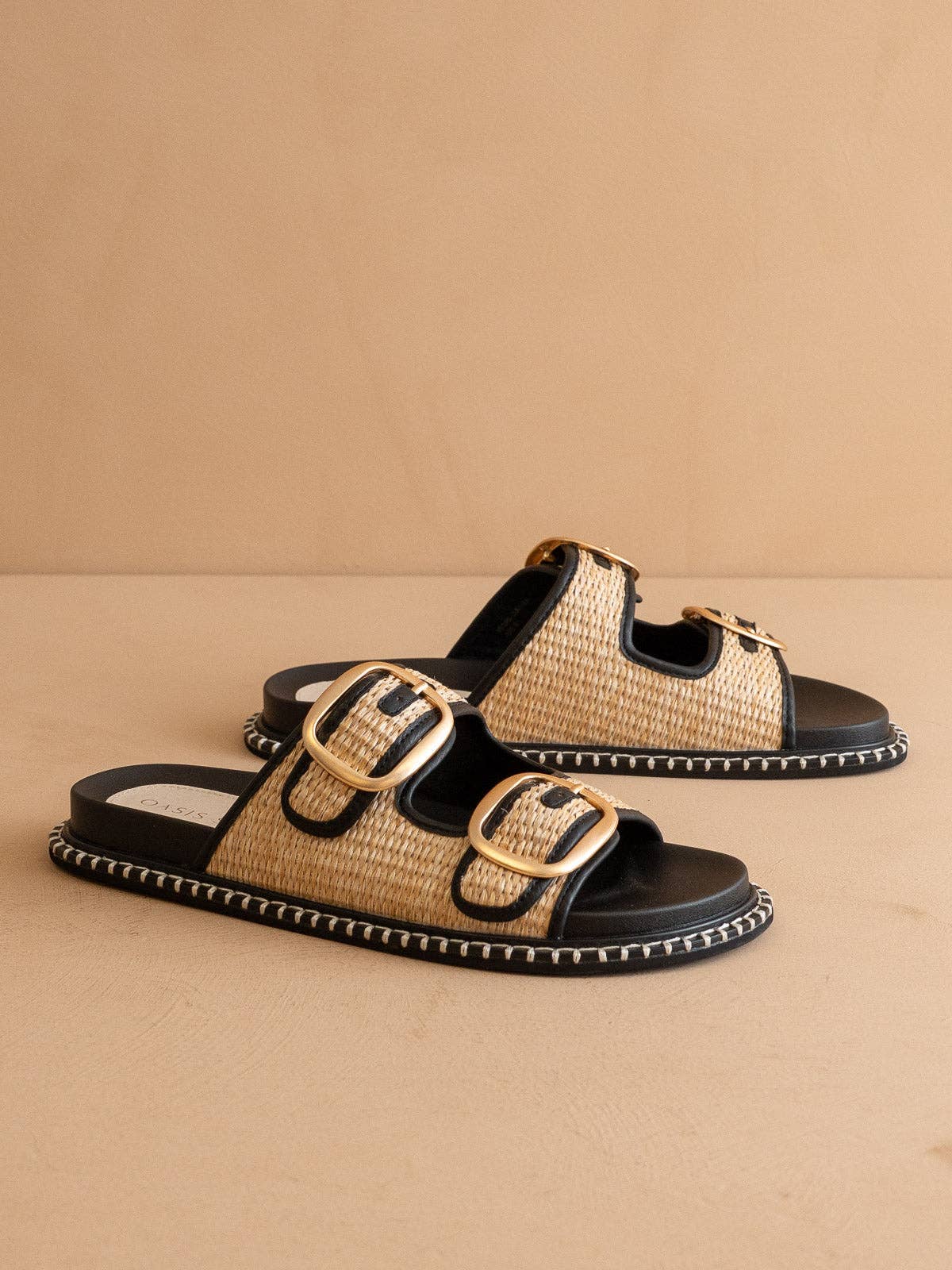 The Daytona | Black Two-Tone Raffia Gold Buckle Sandal