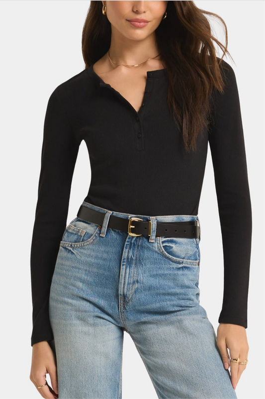 Z Supply Samara Rib Henley Bodysuit - Black