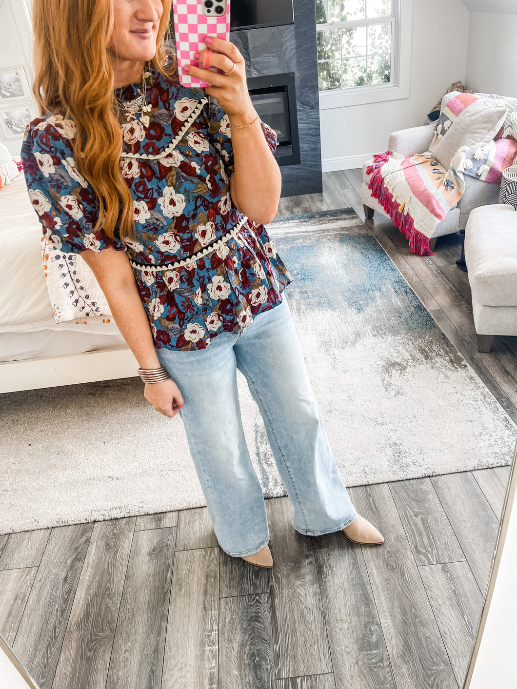 Heidi Floral Top - Dusty Blue