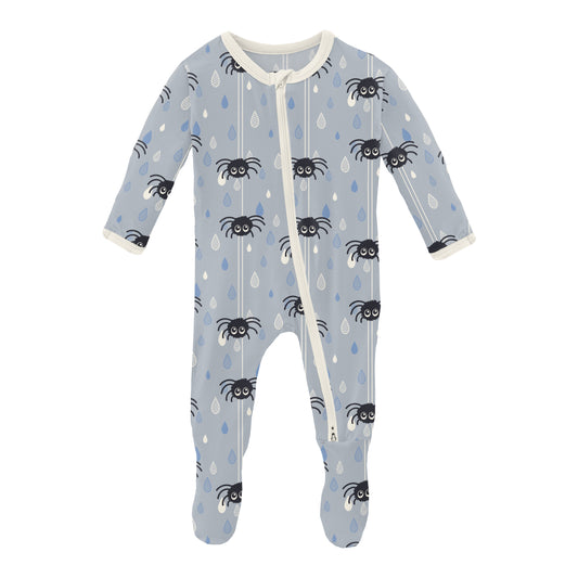 Kickee Pants 2 Way Zipper Footie - Pearl Blue Itsy Bitsy Spider