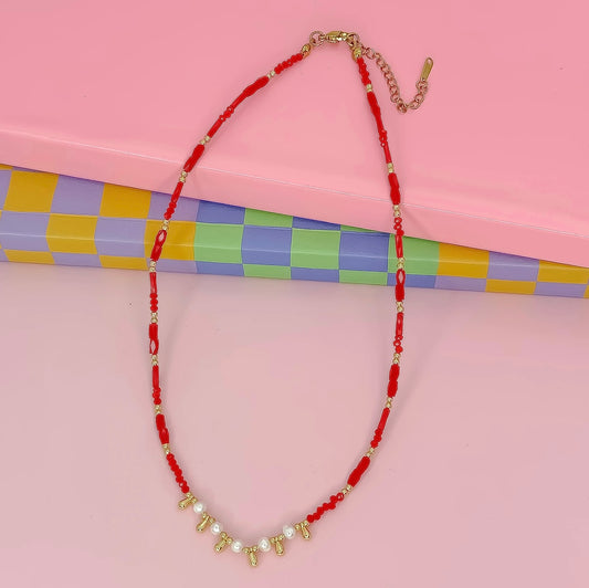 Blair Pearl Beaded Necklace - Red