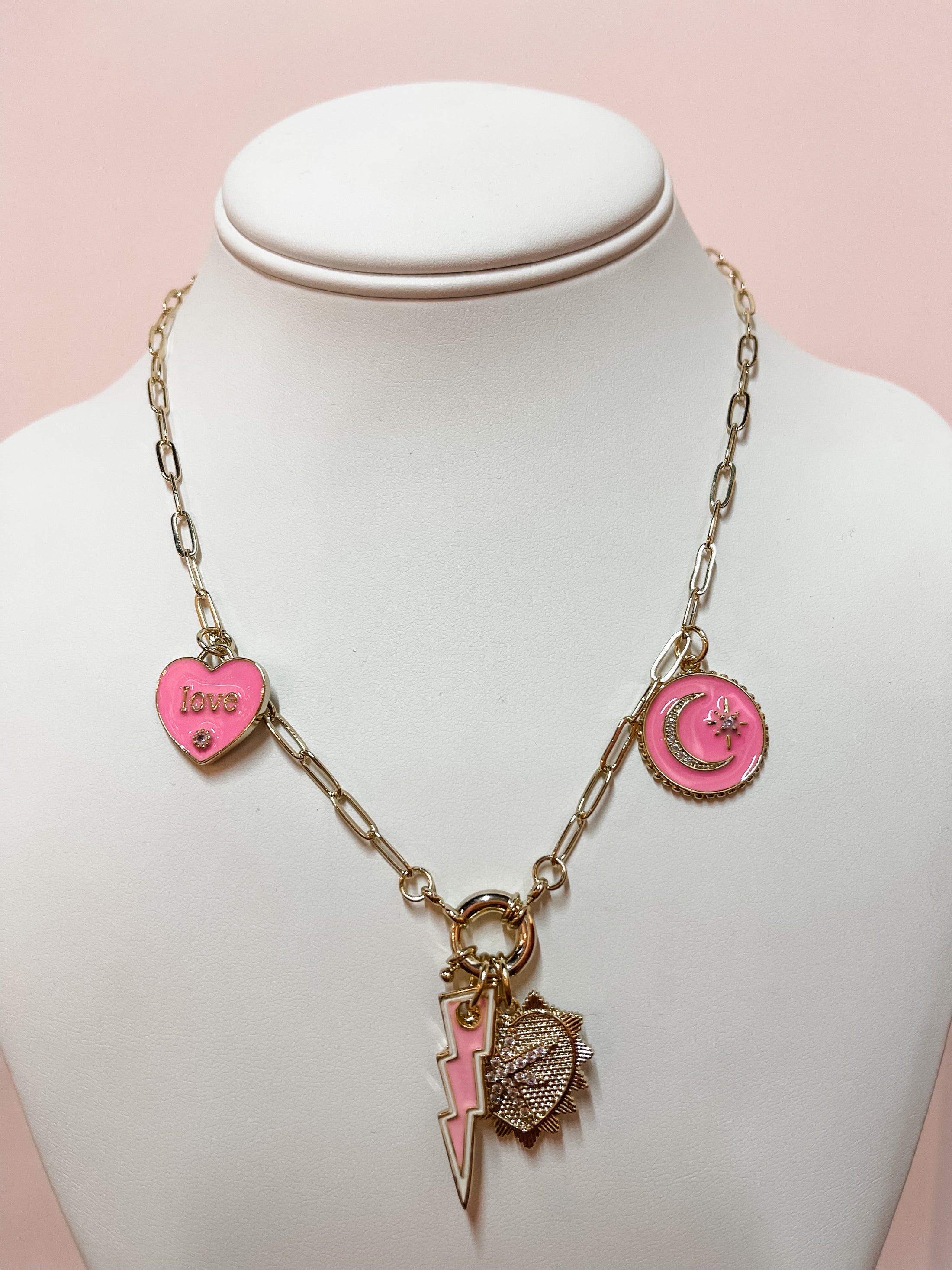 Pink + Gold Bolt Charm Necklace