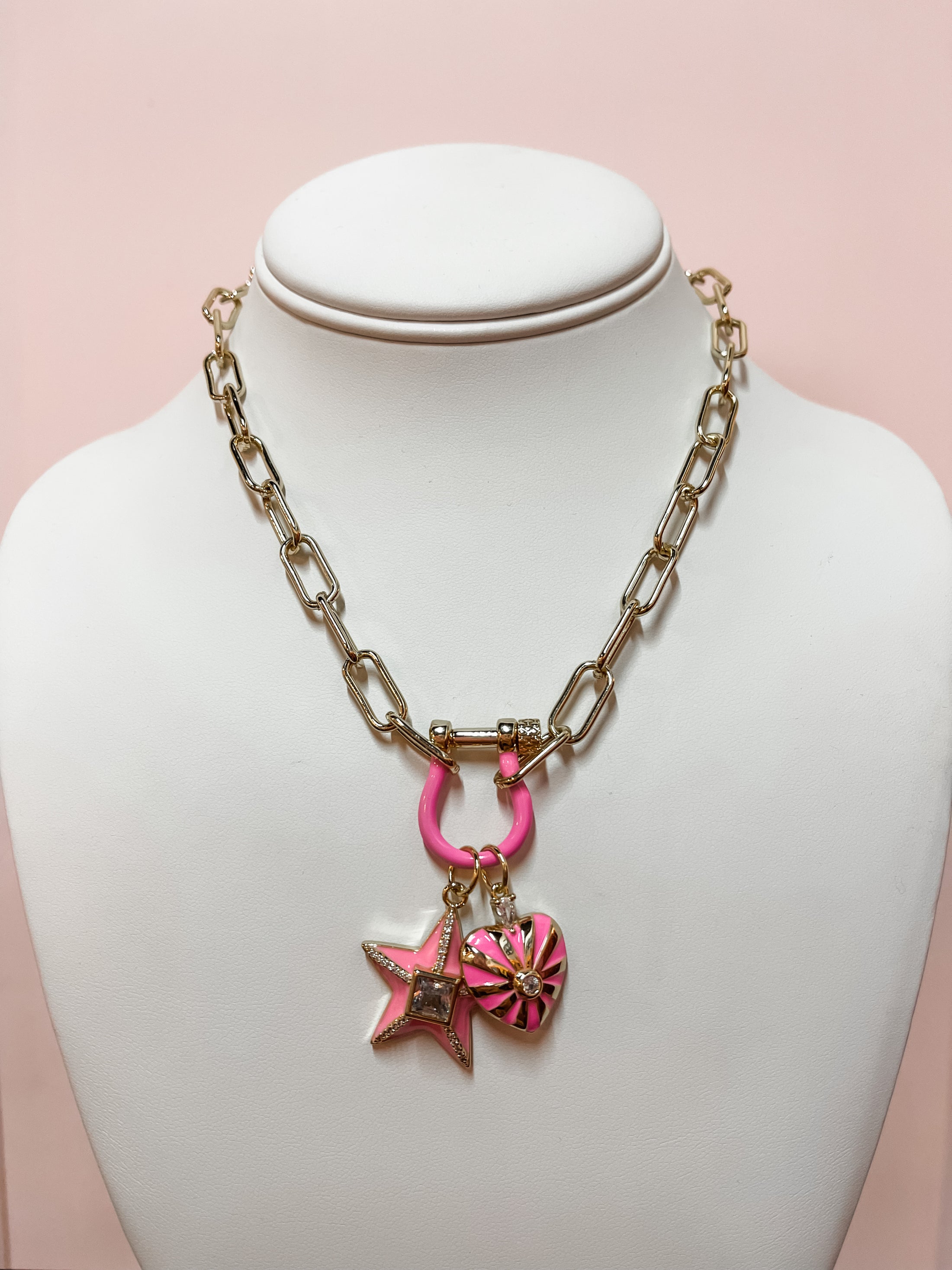 Hot Pink + Gold Horseshoe Charm Necklace