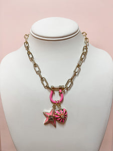 Hot Pink + Gold Horseshoe Charm Necklace