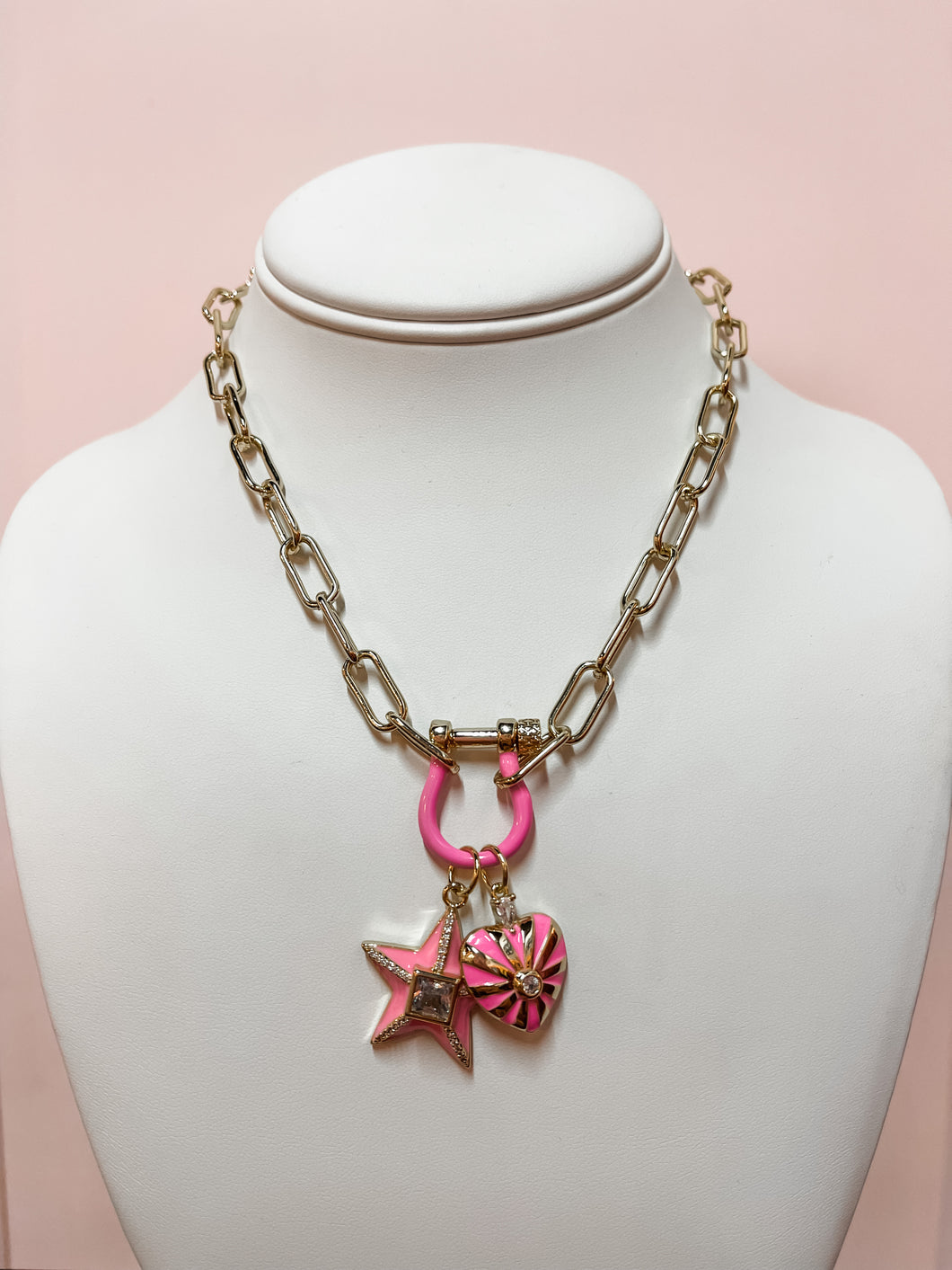 Hot Pink + Gold Horseshoe Charm Necklace