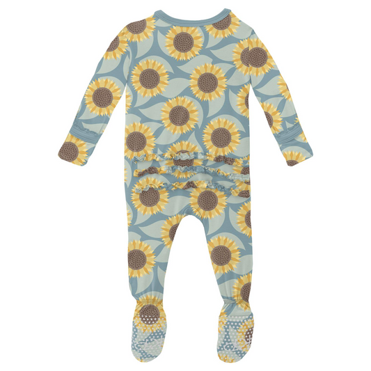 Kickee Pants Ruffle Footie - Stormy Sea Sunflower