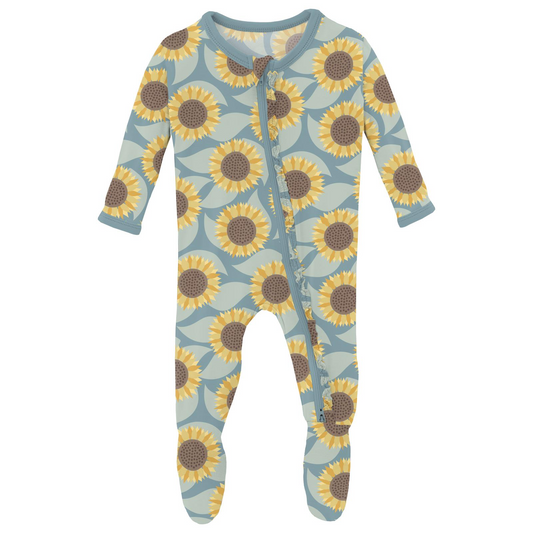 Kickee Pants Ruffle Footie - Stormy Sea Sunflower