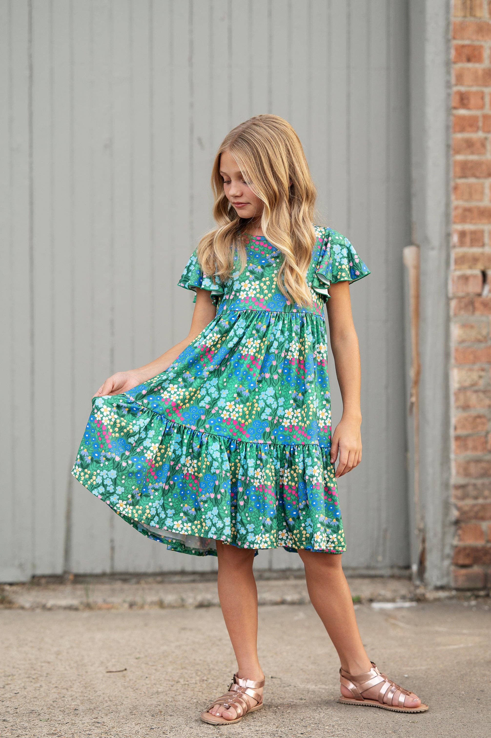 Emmy Green Floral Flutter Sleeve Twirl Dress