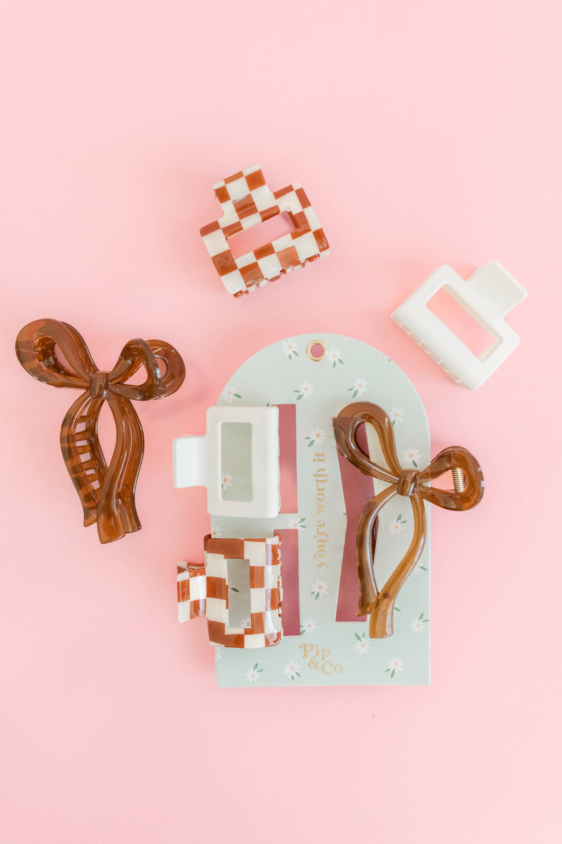 Mocha Bow and Checkered Claw Hair Clip Set
