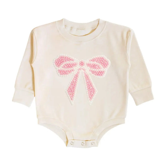 Pearl Bow Patch Long Sleeve Romper