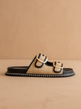 Load image into Gallery viewer, The Daytona | Black Two-Tone Raffia Gold Buckle Sandal
