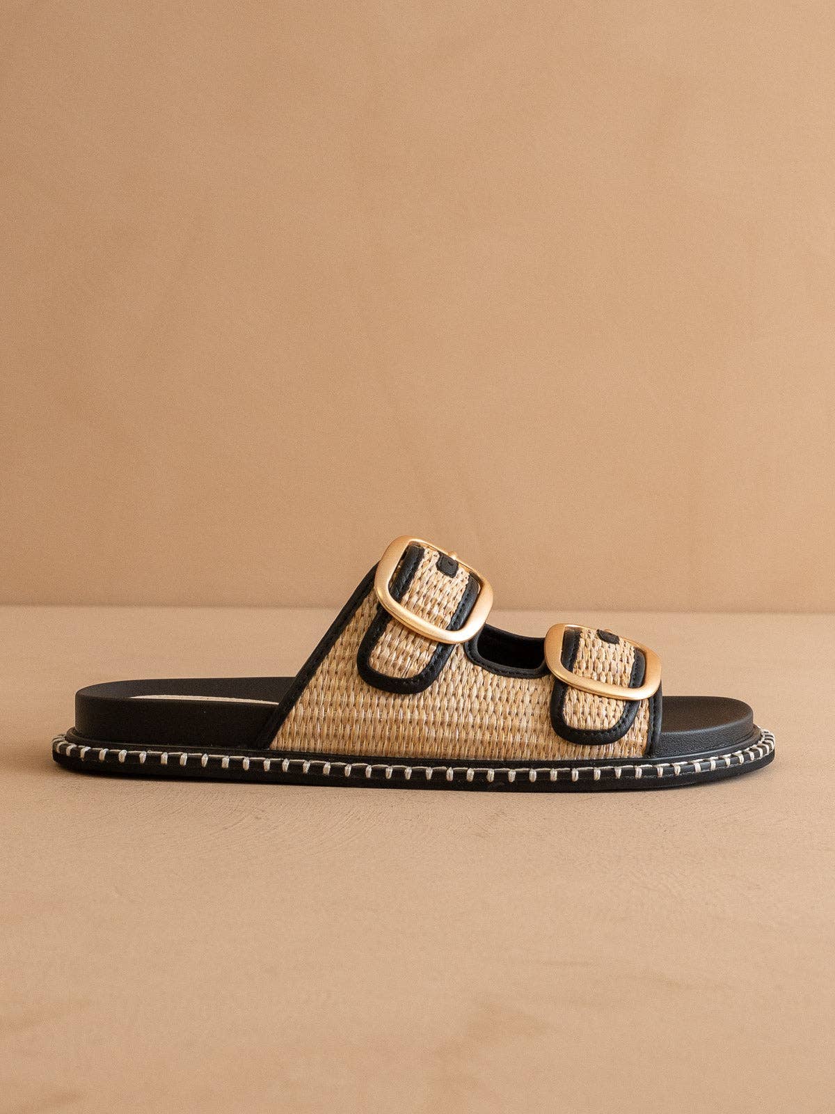 The Daytona | Black Two-Tone Raffia Gold Buckle Sandal