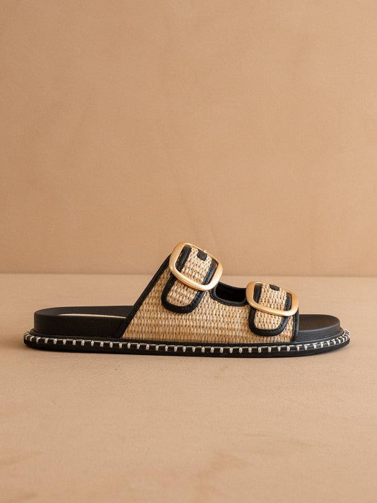 The Daytona | Black Two-Tone Raffia Gold Buckle Sandal