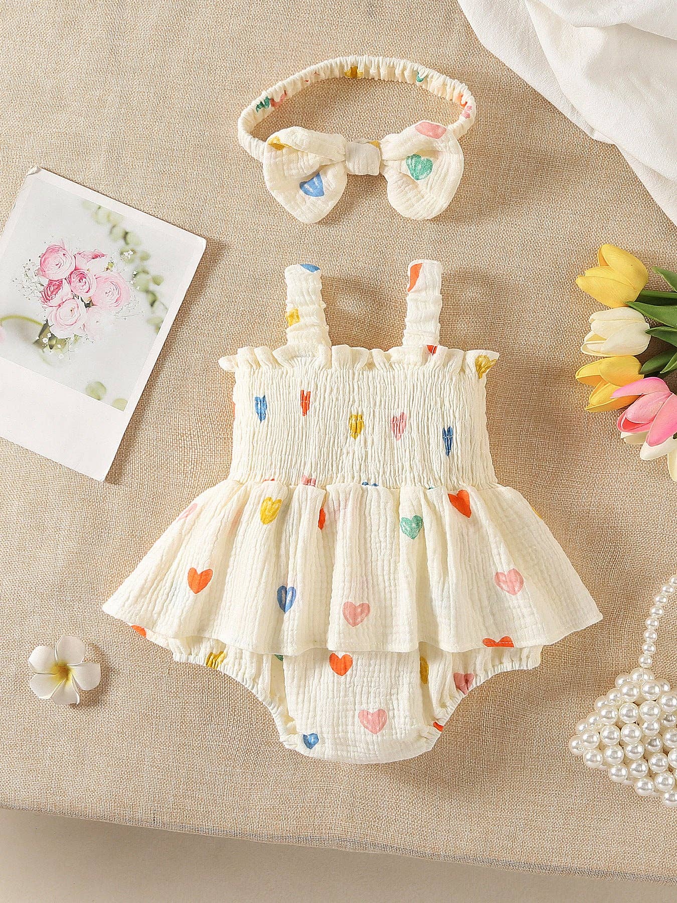 Heart Print Romper Set With Headband