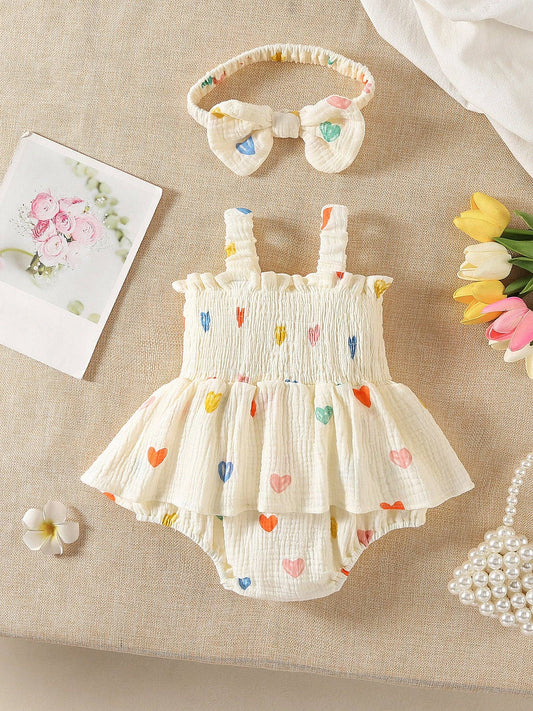 Heart Print Romper Set With Headband
