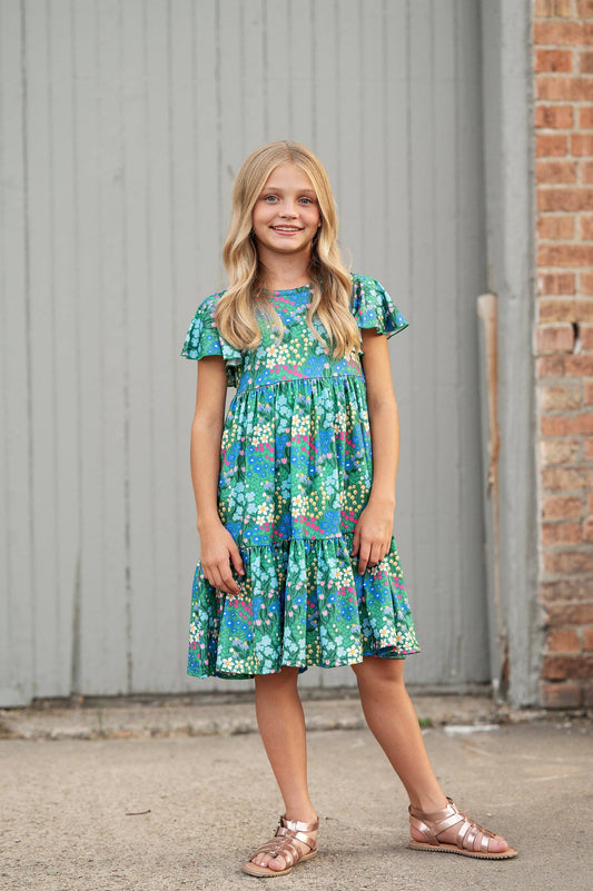 Emmy Green Floral Flutter Sleeve Twirl Dress